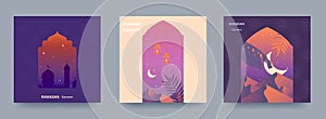 Ramadan Kareem Set of posters, holiday covers, flyers. Modern design in pastel colors with mosque, crescent moon, dune