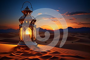 Ramadan Kareem setting Lantern in the desert with sunset backdrop