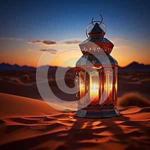 Ramadan Kareem setting Lantern in the desert with sunset backdrop