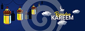 Ramadan Kareem social media banner poster design with cloudy background and lantern fanus. The Muslim feast of the holy month of