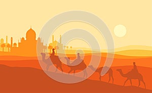 Ramadan kareem sunset illustration. A man ride camel silhouette with sunset mosque