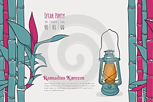 Ramadan kareem template design with lantern and bamboo background in cartoon design