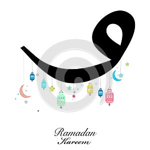 Ramadan Kareem vav letter with lamp, crescents and stars. Traditional lantern