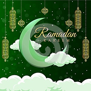 Ramadan Kareem vector Banner or poster with golden lantern and cloud ornament, suitable for celebrating Ramadan events.