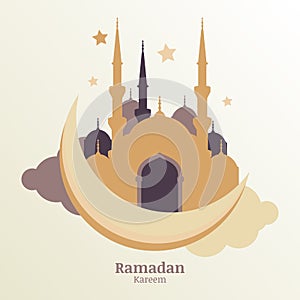 Ramadan Kareem vector greeting card, silhouette of golden mosque