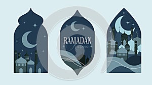 Ramadan Kareem Vector Greeting Card Template. Social Media Banner, Poster Ramadan Layout Crescent Moon, Fanoos, Mosque