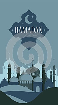 Ramadan Kareem Vector Greeting Card Template. Social Media Banner, Poster Ramadan Layout Crescent Moon, Fanoos, Mosque
