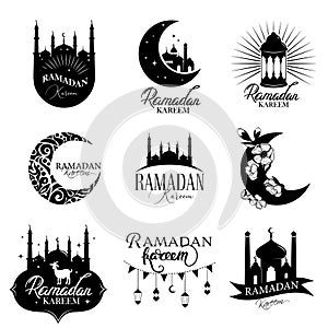 Ramadan Kareem Vector Stickers set. Simple Graphic silhouettes of Crescent Moon, Fanoos, Mosque Dome, and Arches on a