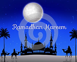 Ramadan kareem with walking camel caravan and silhouette mosque