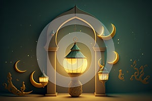 Ramadan Karim greeting card with a serene mosque background with a beautiful glowing lantern.