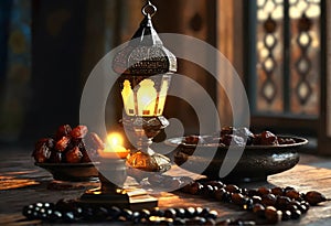 Ramadan lamp and dates, iftar time theme