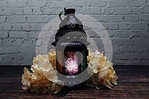 Ramadan Lantern Arabic decoration on wooden background