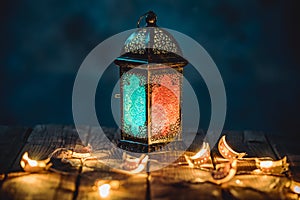 Ramadan Lantern with Colorful Light Glowing at Night and Glittering with Bokeh Lights on Ground. Festive Greeting Card, Invitation