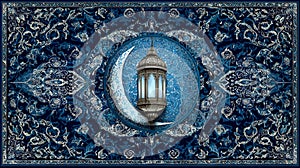 Ramadan Lantern and Crescent Moon on Intricate Blue Pattern
