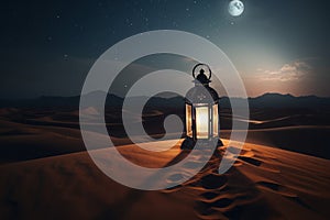 Ramadán linterna en oscuro desierto. generar 
