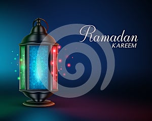 Ramadan Lantern or Fanous with Lights and Ramadan Kareem Greetings photo