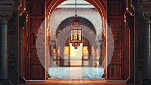 A Ramadan lantern hanging on a mosque with a long corridor at the back