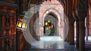 A Ramadan lantern hanging on a mosque with a long corridor at the back