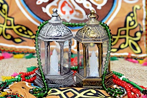 Ramadan Lantern lamp or Fanous Ramadan on a Ramadan background as a festive celebration of the Islamic fasting days in Arabian