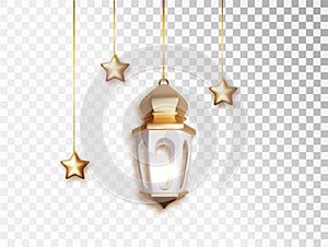 Ramadan lantern and star hanging 3d decorations. Realistick Islamic object collection isolated. Arabic shining lamp.