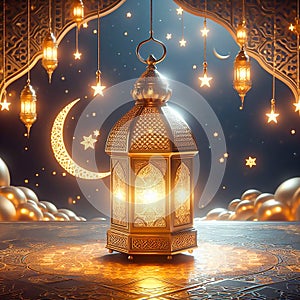 Ramadan lantern with star and sky moon background