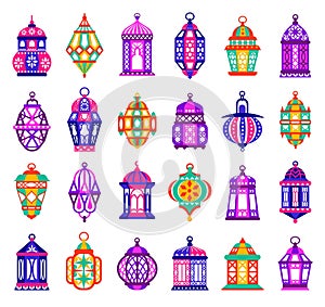 Ramadan lantern. Traditional Arabian Islamic colorful cartoon different fanous. Traditional religious holiday illumination.