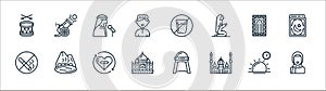 ramadan line icons. linear set. quality vector line set such as girl, mosque, arabic, no smoking, prayer rug, public speaking, no