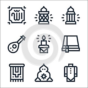 Ramadan line icons. linear set. quality vector line set such as muslim, dzuhur, carpet, fez, candle, lute, lantern, lantern