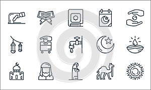 ramadan line icons. linear set. quality vector line set such as noon, muslimah, mosque, camel, muslim, light, crescent moon,