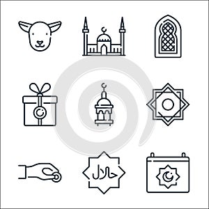 Ramadan line icons. linear set. quality vector line set such as ramadan, halal, donation, rub el hizb, minaret, present, window,