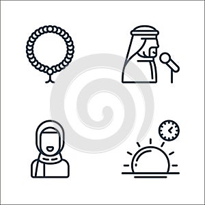 ramadan line icons. linear set. quality vector line set such as sunset, girl, public speaking