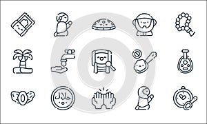 ramadan line icons. linear set. quality vector line set such as time to eat, praying, dates, prayer, halal, palm tree, no eating,