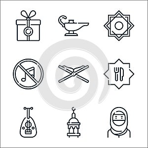 Ramadan line icons. linear set. quality vector line set such as woman, minaret, oud, halal, quran, no music, rub el hizb, oil lamp