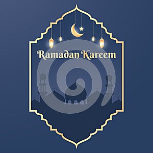 Ramadan luxury background. Islamic background with a combination of shining gold lanterns, crescent moon and mosque, suitable for