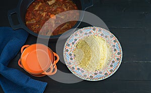Ramadan meal. Lamb with couscous. Arabic cuisine. Copy space