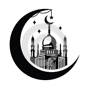 Ramadan mosque and crescent moon hand drawn