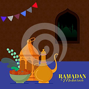 Ramadan Mubarak Greeting Card with Arabic Lantern, Jug, Dates Bowl, Leaves and Silhouette Mosque Behind Window on Burnt Red