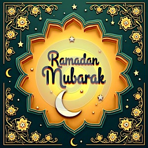Ramadan Mubarak Greeting Card with Golden Islamic Motifs and Crescent Moon photo