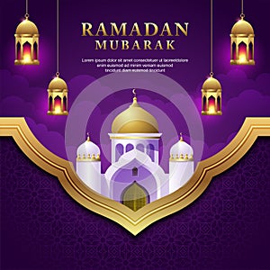 Ramadan mubarak greeting card with mosque, hanging lantern, purple and golden color design