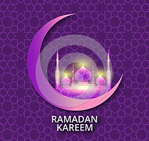 Ramadan mubarak greeting card.Shiny decorated crescent moon with mosque, text Ramadan Kareem on purple