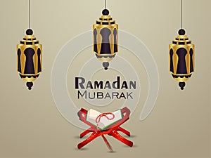 Ramadan mubarak islamic festival background with creative lantern and holy book quraan