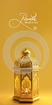 Ramadan Mubarak Standee Banner With 3D Render, Golden Illuminated Arabic Lamp On Yellow