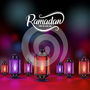 Ramadan mubarak vector design with colorful lanterns or fanoos