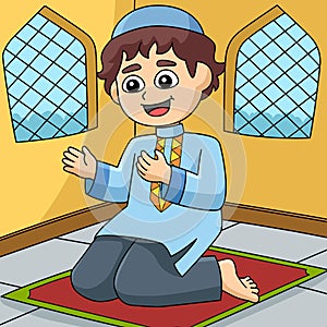 Ramadan Muslim Boy Praying Colored Cartoon