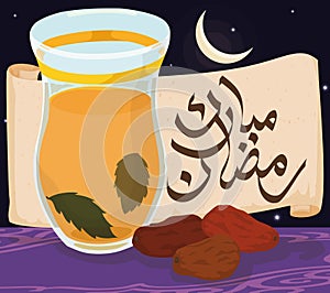 Ramadan Night with Arabic Tea, Dates and Scroll for Iftar, Vector Illustration