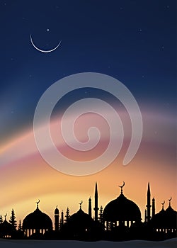 Ramadan Night with Crescent moon on dark blue sky background,Vector Vertical banner Dramtic Suset with Twilight dusk sky,Islamic