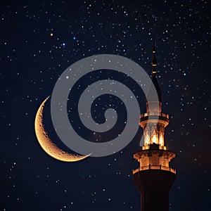 ramadan night: crescent moon and minaret glow photo