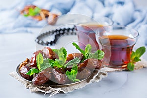 Ramadan ramazan kareem. Traditional arabic tea with mint and dates