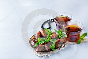 Ramadan ramazan kareem. Traditional arabic tea with mint and dates