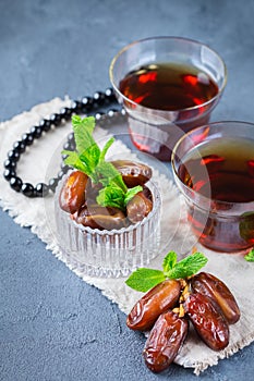 Ramadan ramazan kareem. Traditional arabic tea with mint and dates